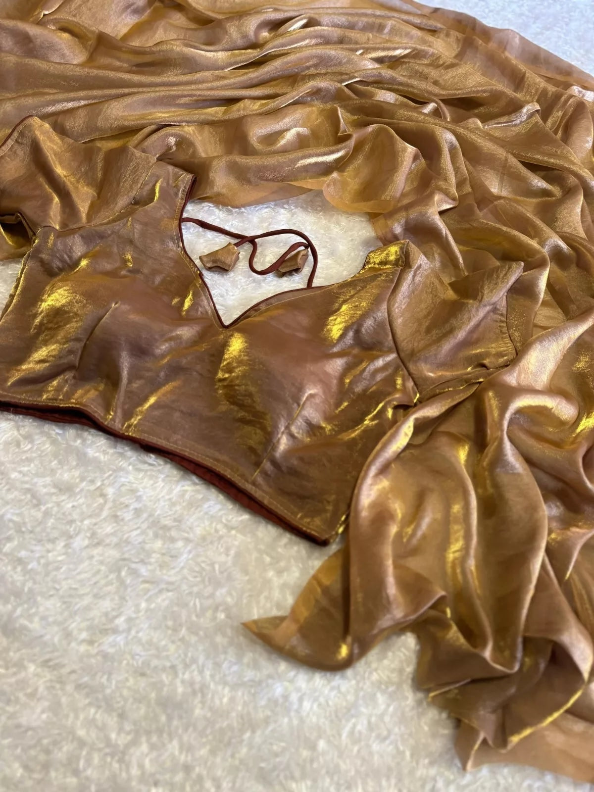 Golden Shaded Soft Shining Saree, Classic Sari With Stitched Blouse