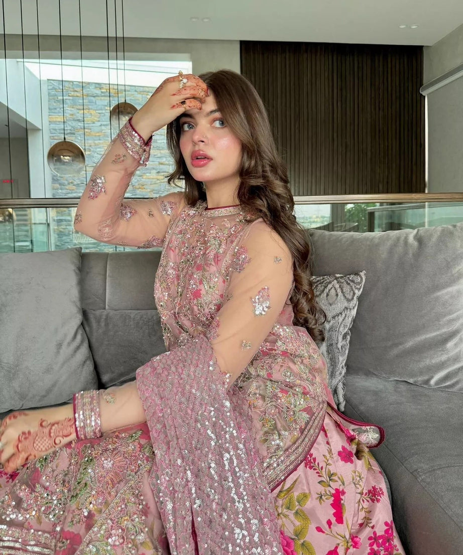 Butterfly Net With Thread & Sequence Work Bollywood Style Top Lehenga & Dupatta