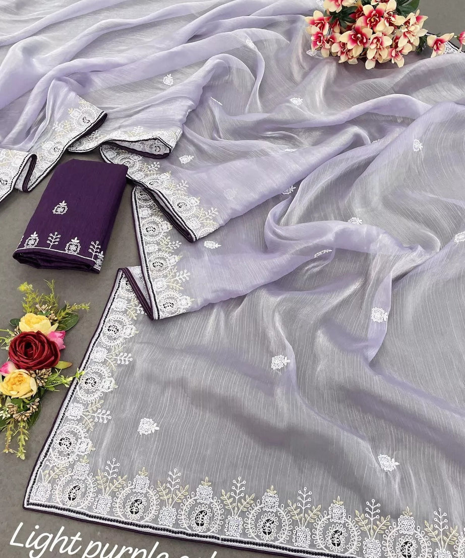 Barbari Silk Fabric With Embroidery Thread Work Designer Sari & Blouse