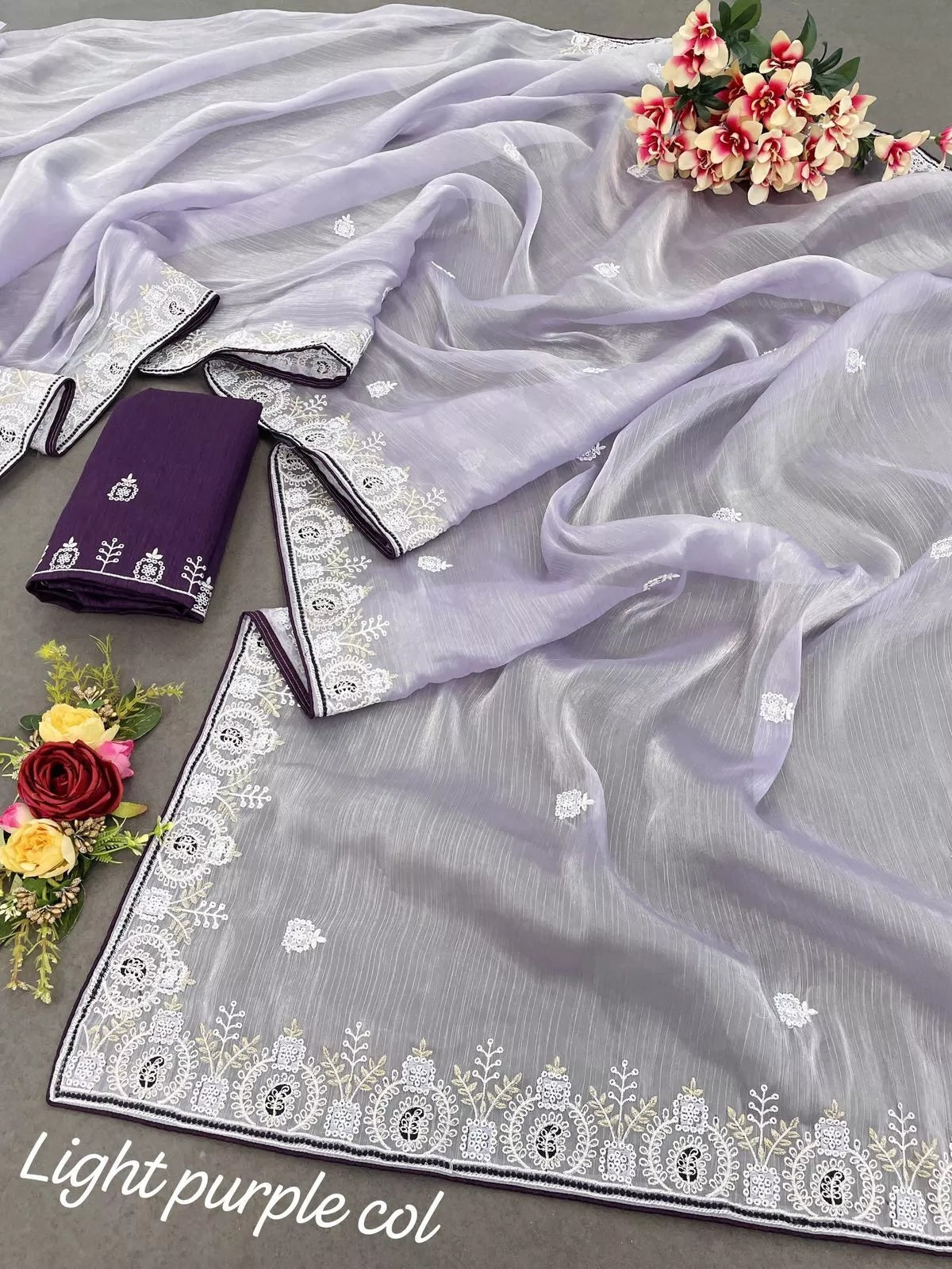 Barbari Silk Fabric With Embroidery Thread Work Designer Sari & Blouse