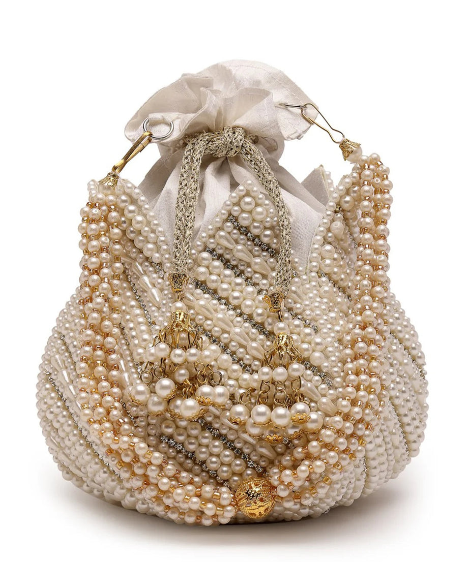 Lotus Pearl Embellished Faux Silk Potli Bag