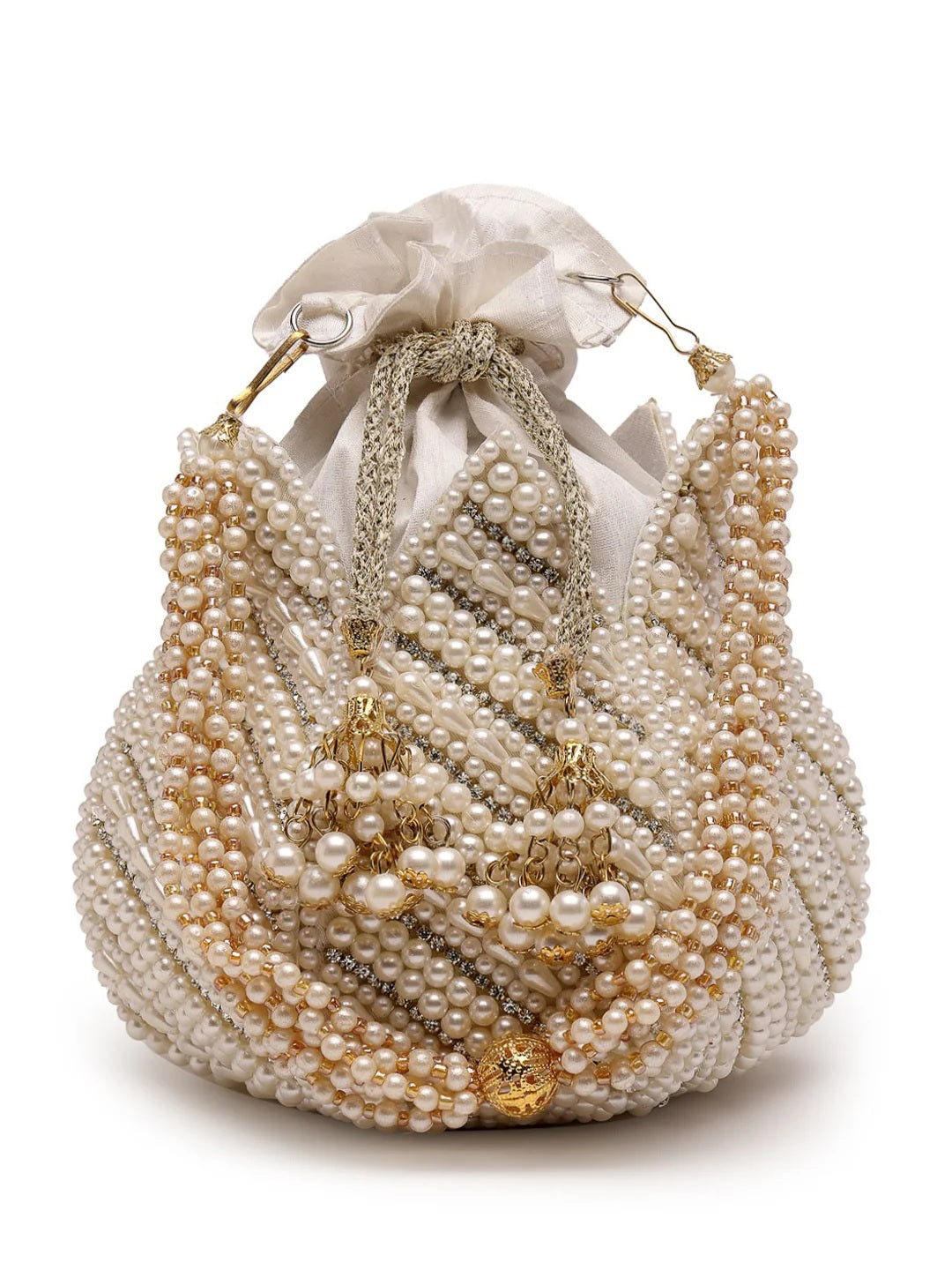 Lotus Pearl Embellished Faux Silk Potli Bag