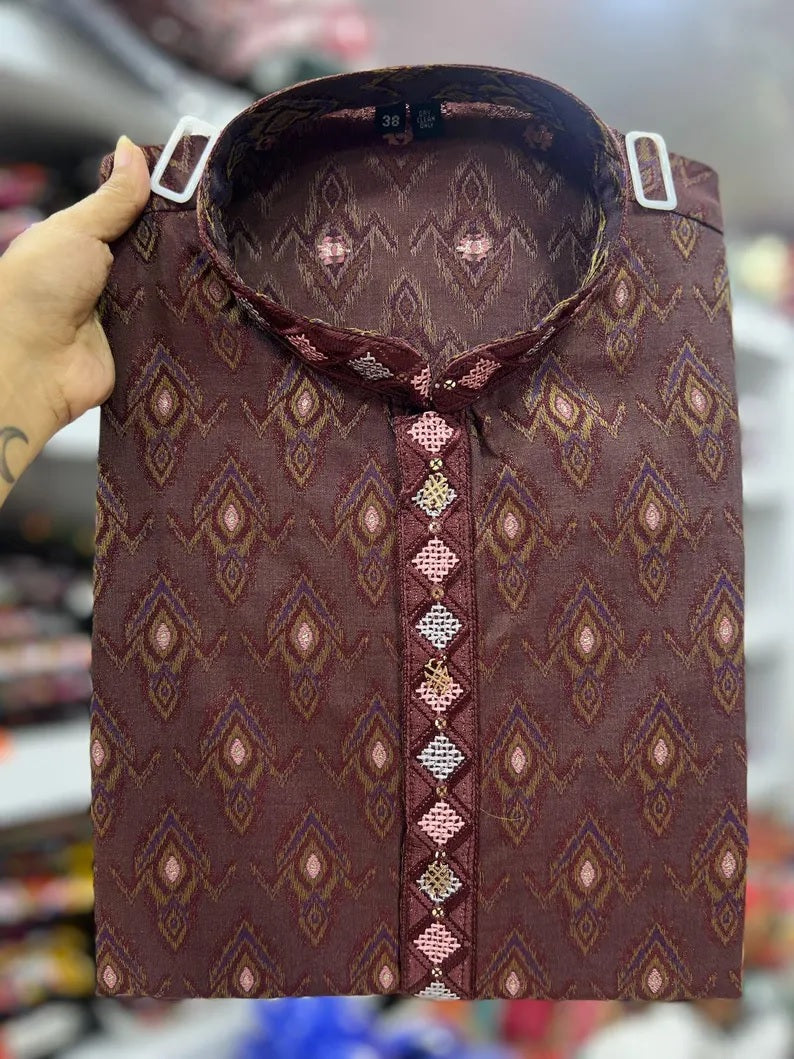 Heavy Silk Jacquard With Embroidery Men's Kurta Set