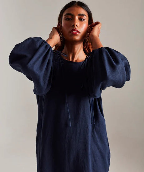 Navy Co-Linen Balloon Sleeves Dress