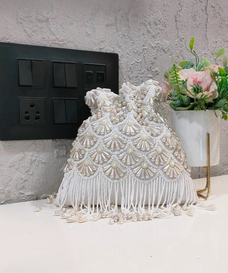 White Pearl Beaded Potli Bag