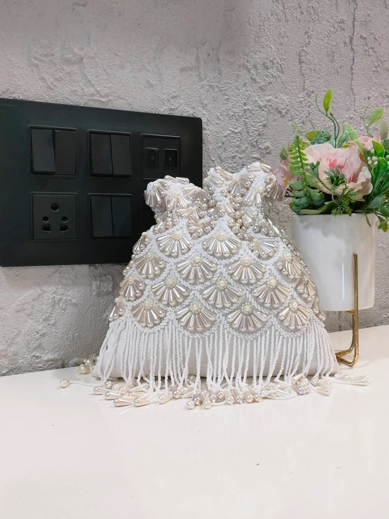 White Pearl Beaded Potli Bag