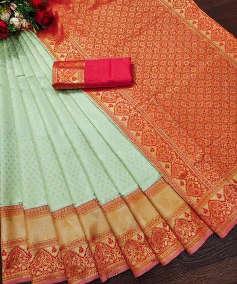 Women's Traditional Banarasi Soft Silk Wedding Wear Saree & Blouse 11-KT