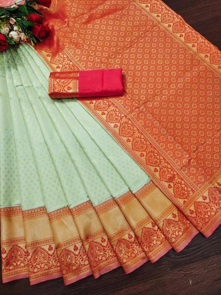 Women's Traditional Banarasi Soft Silk Wedding Wear Saree & Blouse 11-KT