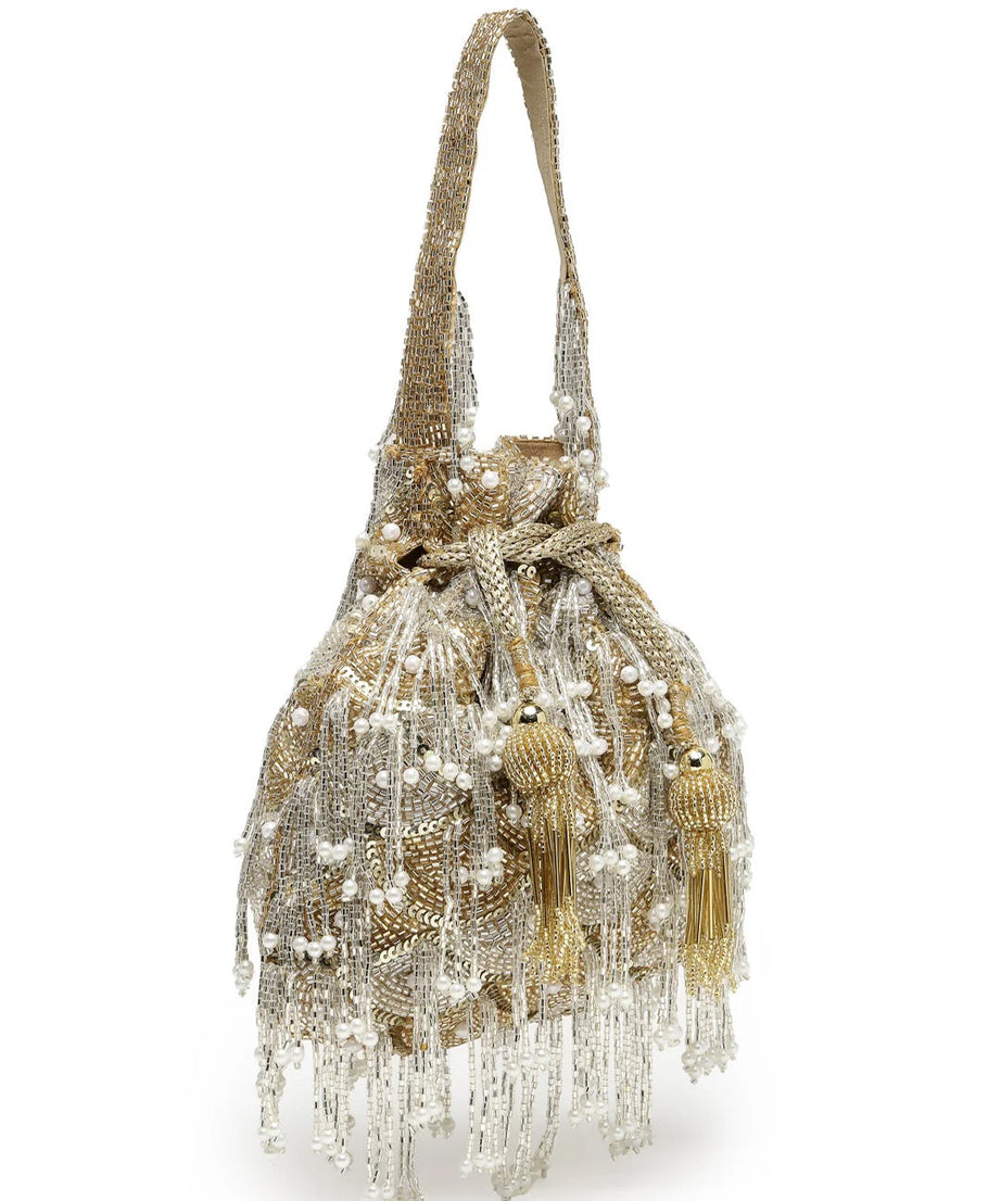 Droop Palmette Embellished Suede Potli Bag