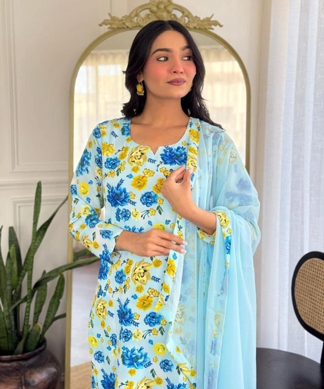 Beautiful Women's Georgette & Print Work Top Bottom & Dupatta Set 12-BS