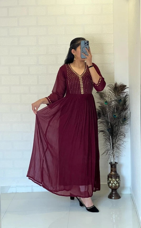 Full Stitched Traditional Wear Blooming Georgette Kurti Long Gown