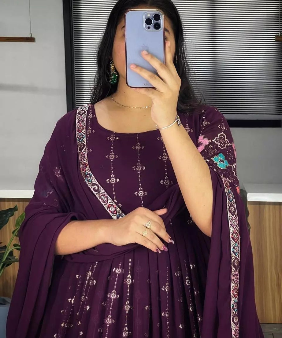 Georgette With Heavy Embroidery Work Long Anarkali Gown Dupatta