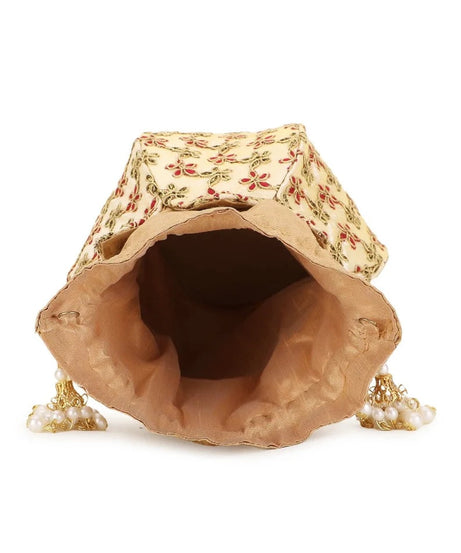 Lotus Floral Embroidered Faux Silk Potli Handbag