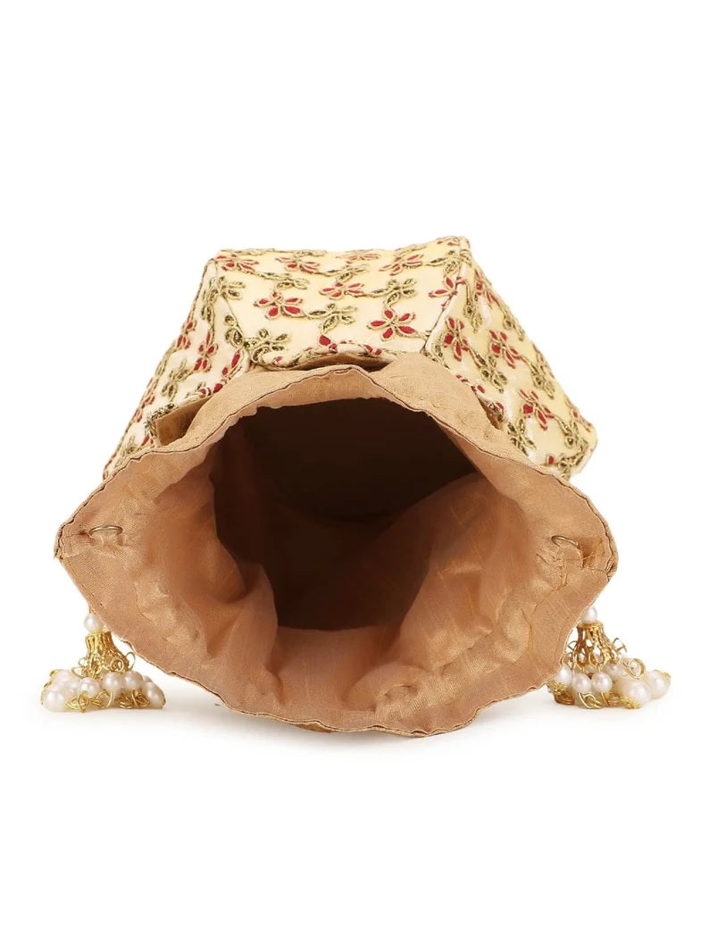 Lotus Floral Embroidered Faux Silk Potli Handbag