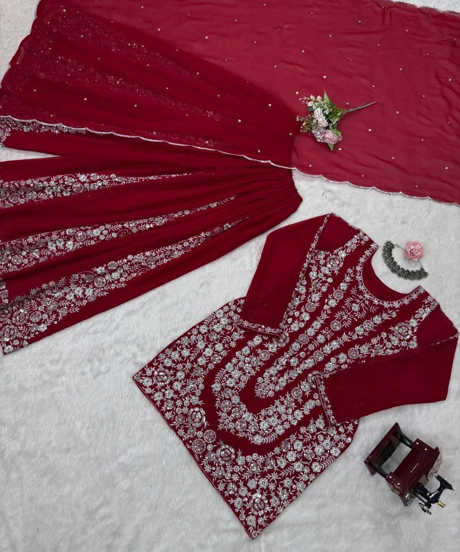 Full Stitched Faux Georgette Top Palazzo Dupatta