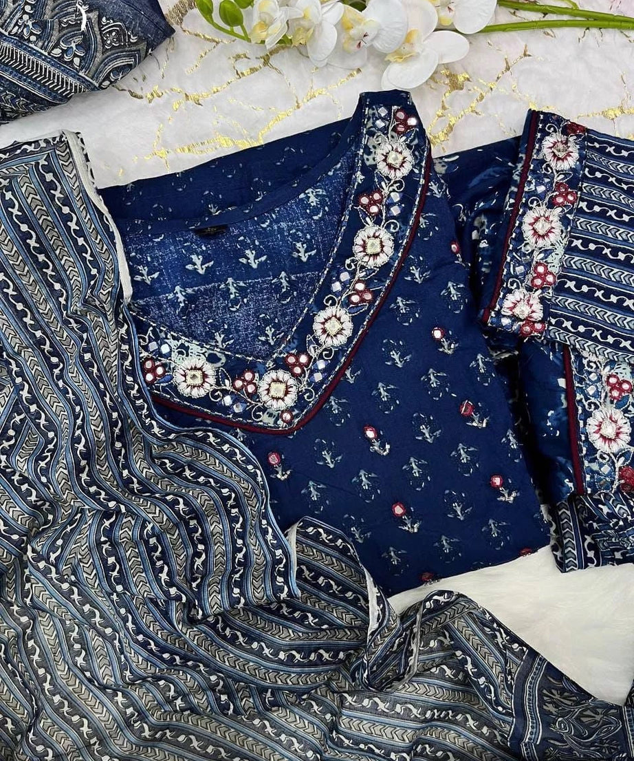 Cotton With Full Embroidery & Mirror Work Kurti Pant Dupatta