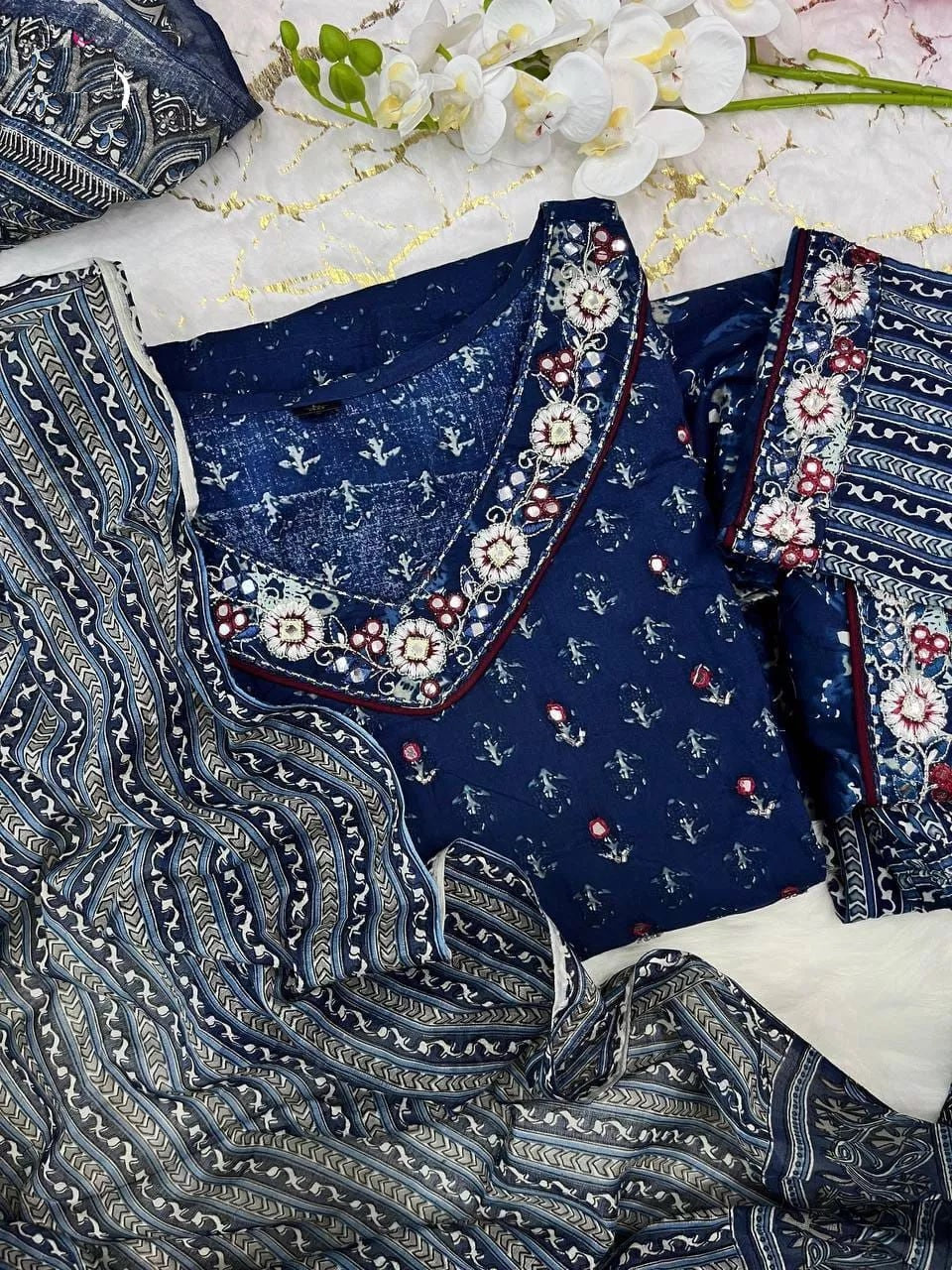 Cotton With Full Embroidery & Mirror Work Kurti Pant Dupatta