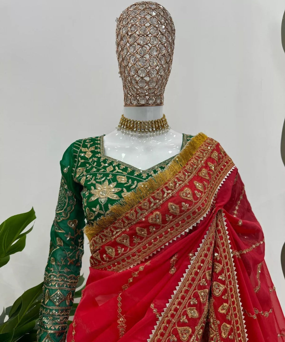 Red Organza Silk With  Sequence Work Sari Blouse