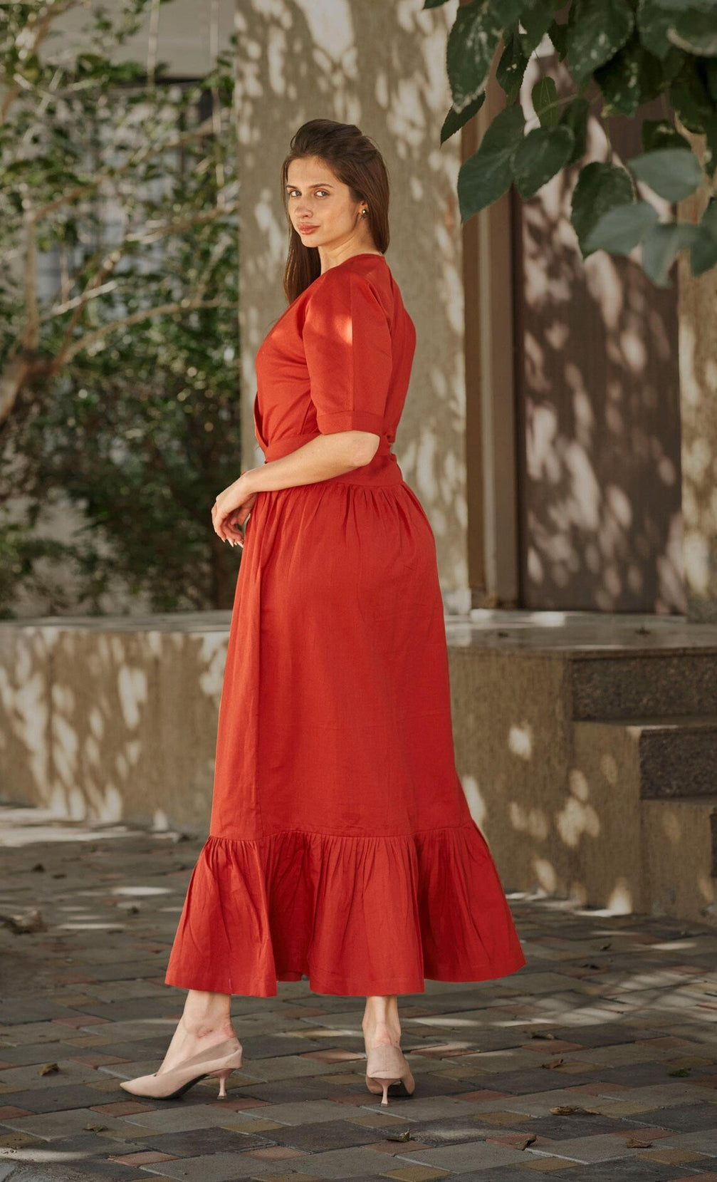 Linen V- Neck half Sleeve With Adjustable Maxi Dress