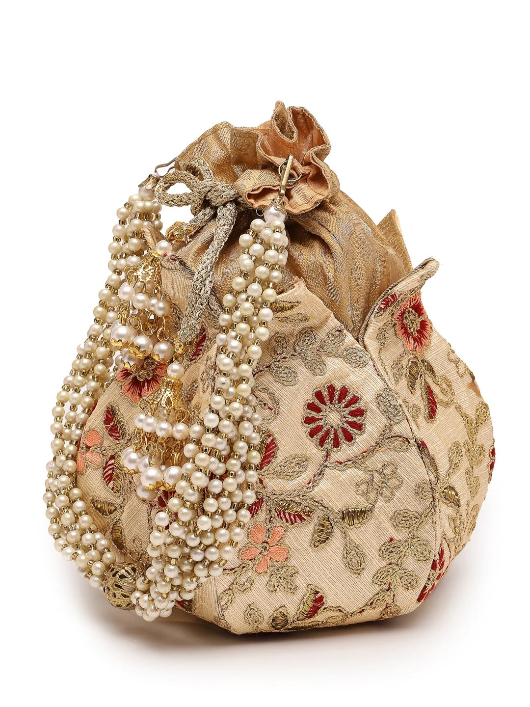 Lotus Floral Embellished Faux Silk Potli Bag