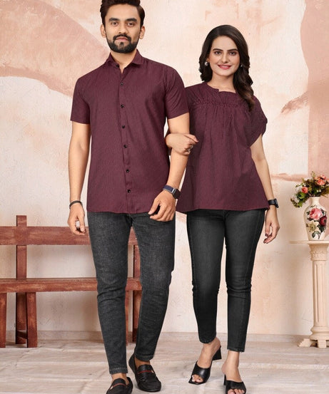 Pure Cotton Lining Pattern Tunic Top & Shirt Combo Set