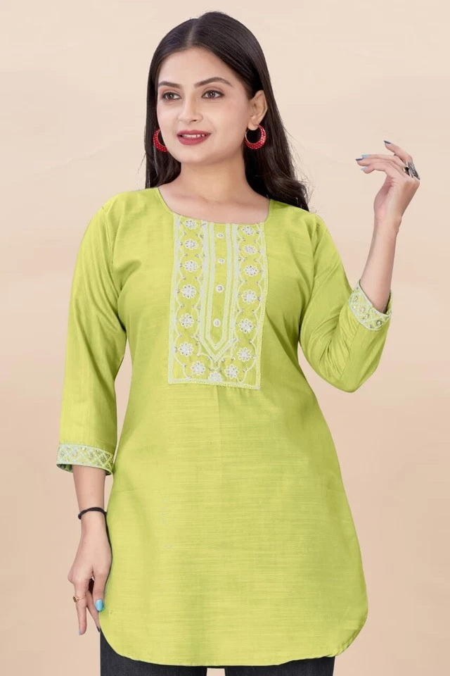 Stylish Rayon Kurti, With Embroidery Sequens Work Short Top Kurti