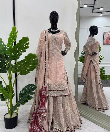 Indian Wedding Special Ethnic Stitched Faux Georgette Top Sharara Dupatta