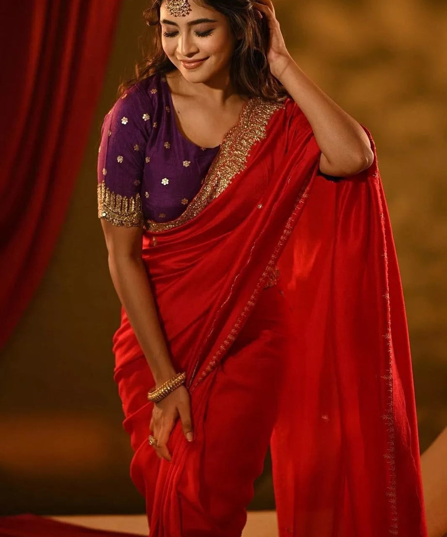 Rich Soft Georgette Fabric With Golden Tunic Sequence Work Saree With Blouse