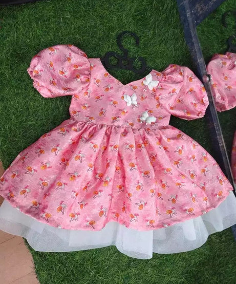 Chic Baby Pink Floral Printed and Butterfly Jacquard Frock