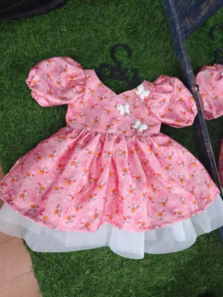 Chic Baby Pink Floral Printed and Butterfly Jacquard Frock