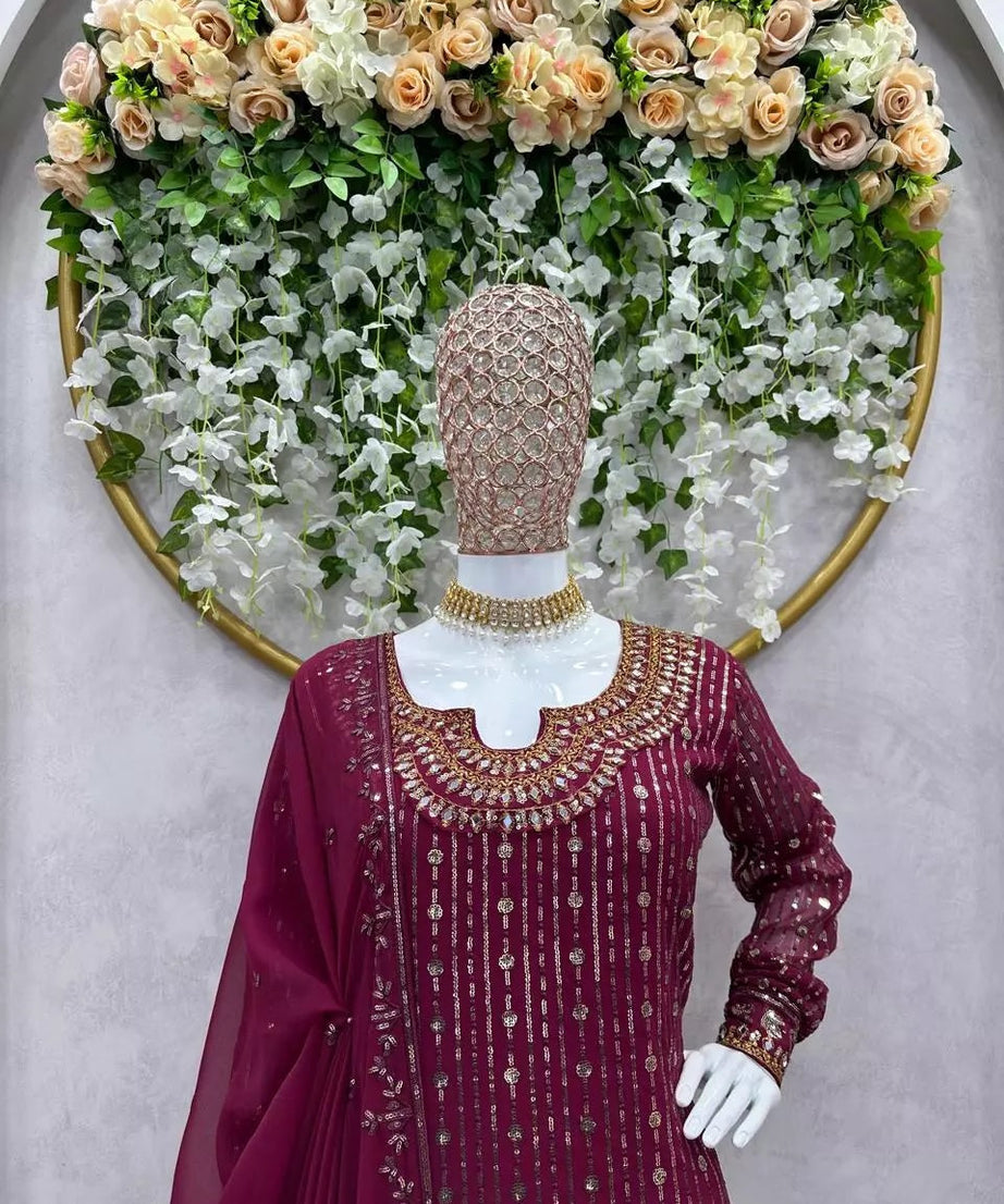 Georgette Function Style Top Pant With Dupatta Set