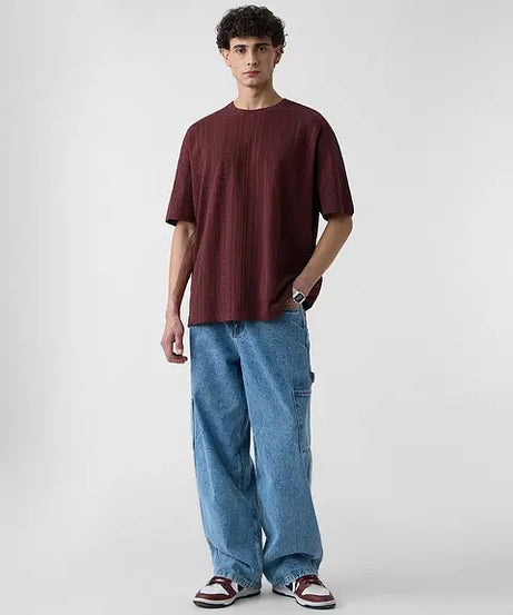 Textured Jacquard Burgundy Oversized T-Shirts
