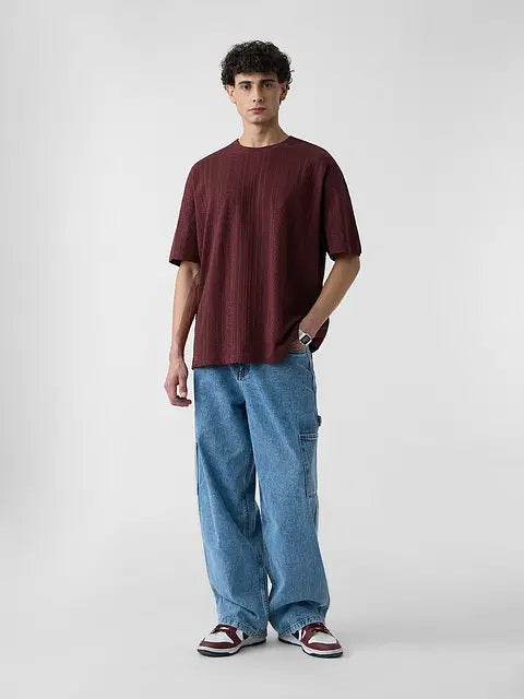Textured Jacquard Burgundy Oversized T-Shirts