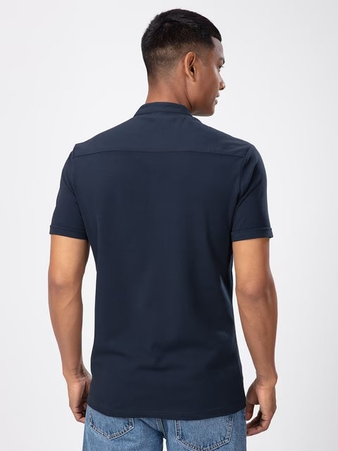 Mandarin Navy Blue Knit Shirts