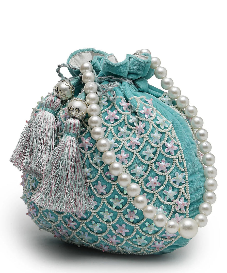 Dangle Fish Scale Embellished Velvet Potli Bag