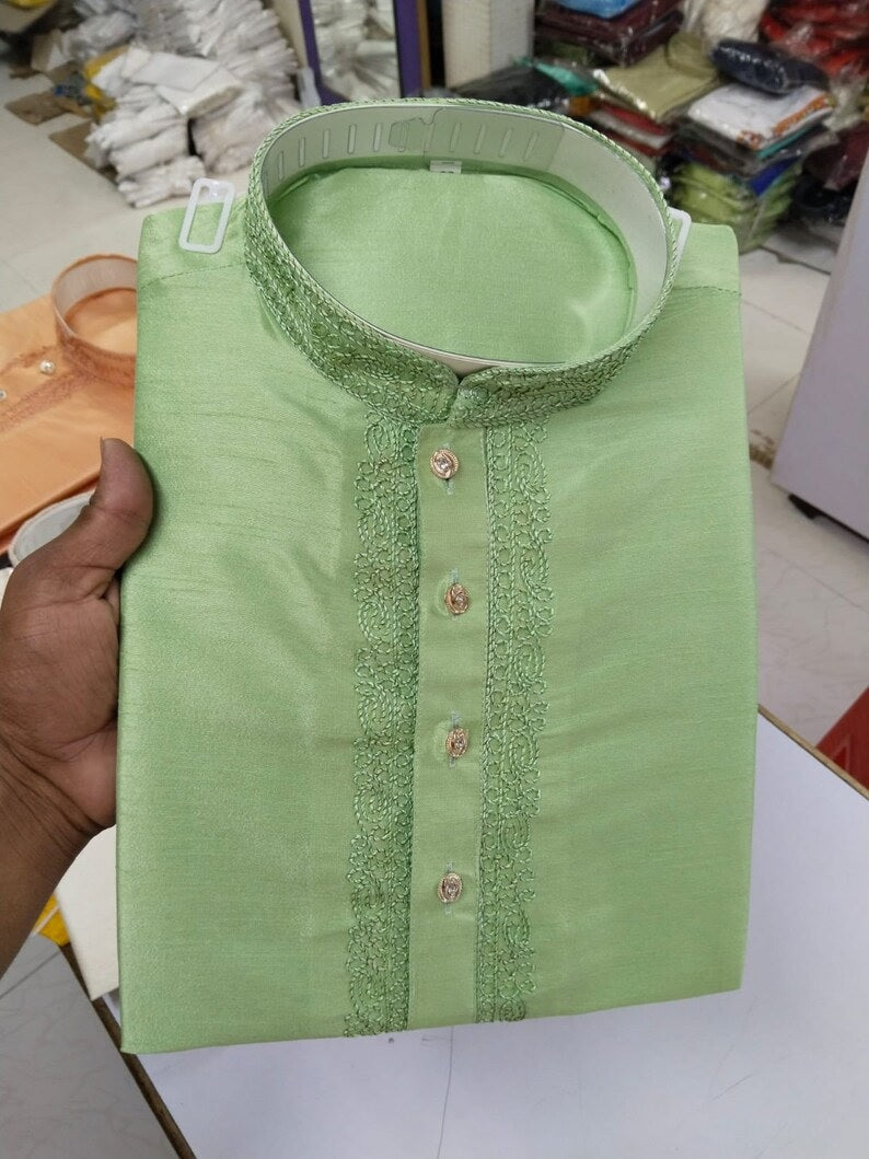 Cotton With Embroidery Work Kurta Set For Men's