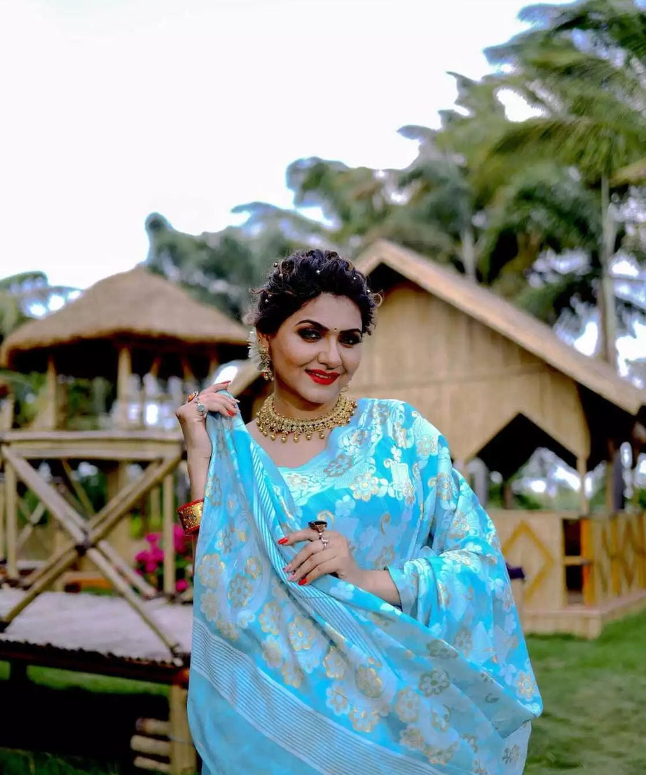 Soft Cotton Jamdani With Gold Zari Weaving Work  Sari & Blouse