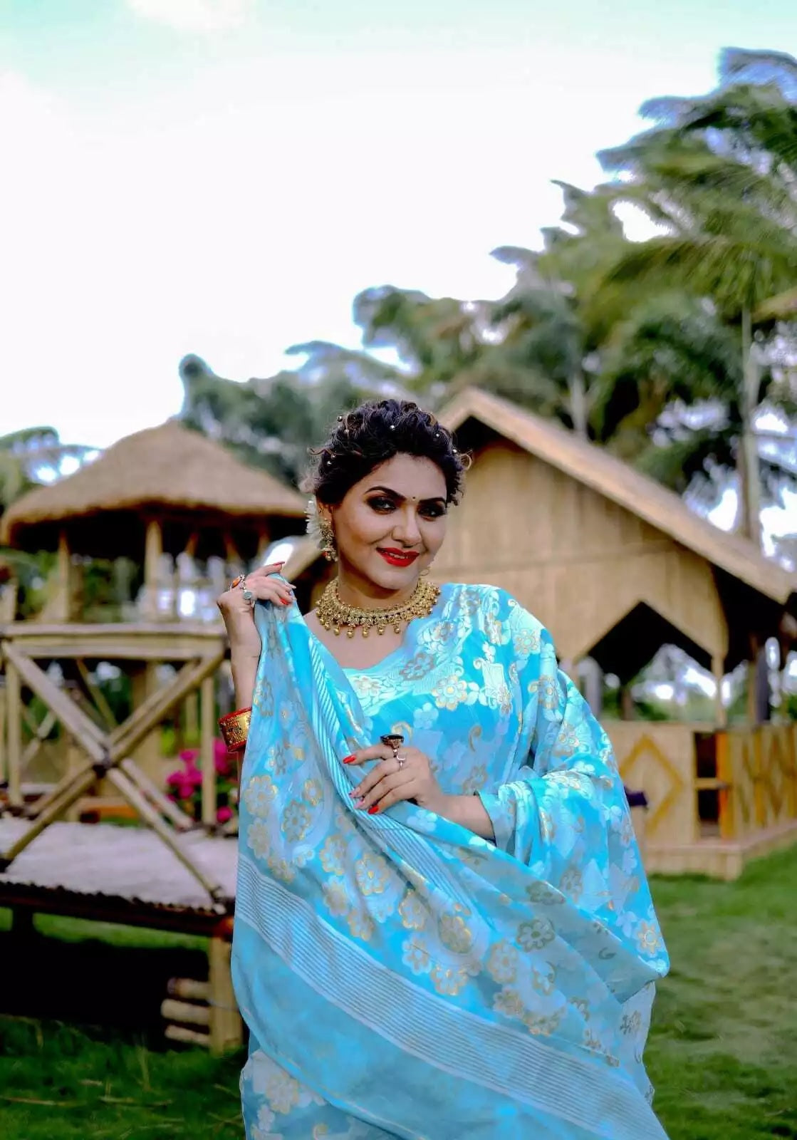 Soft Cotton Jamdani With Gold Zari Weaving Work  Sari & Blouse