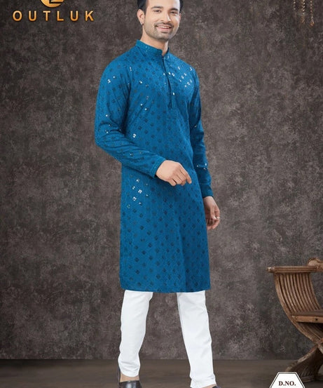 Traditional Wear Rayon Sifly Lakhnawi Kurta Pajama Set For Men's