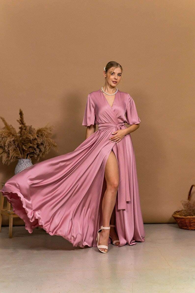 Custom Satin Multi-Way Wrap Dress – Made-to-Order Formal Gown