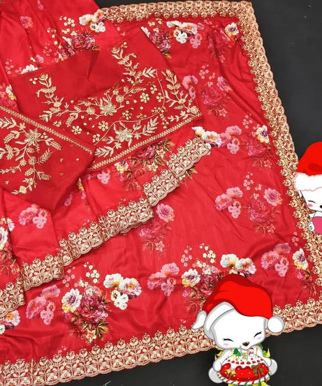 Soft Vichitra Silk Embroidery Sequence Work Saree With Blouse