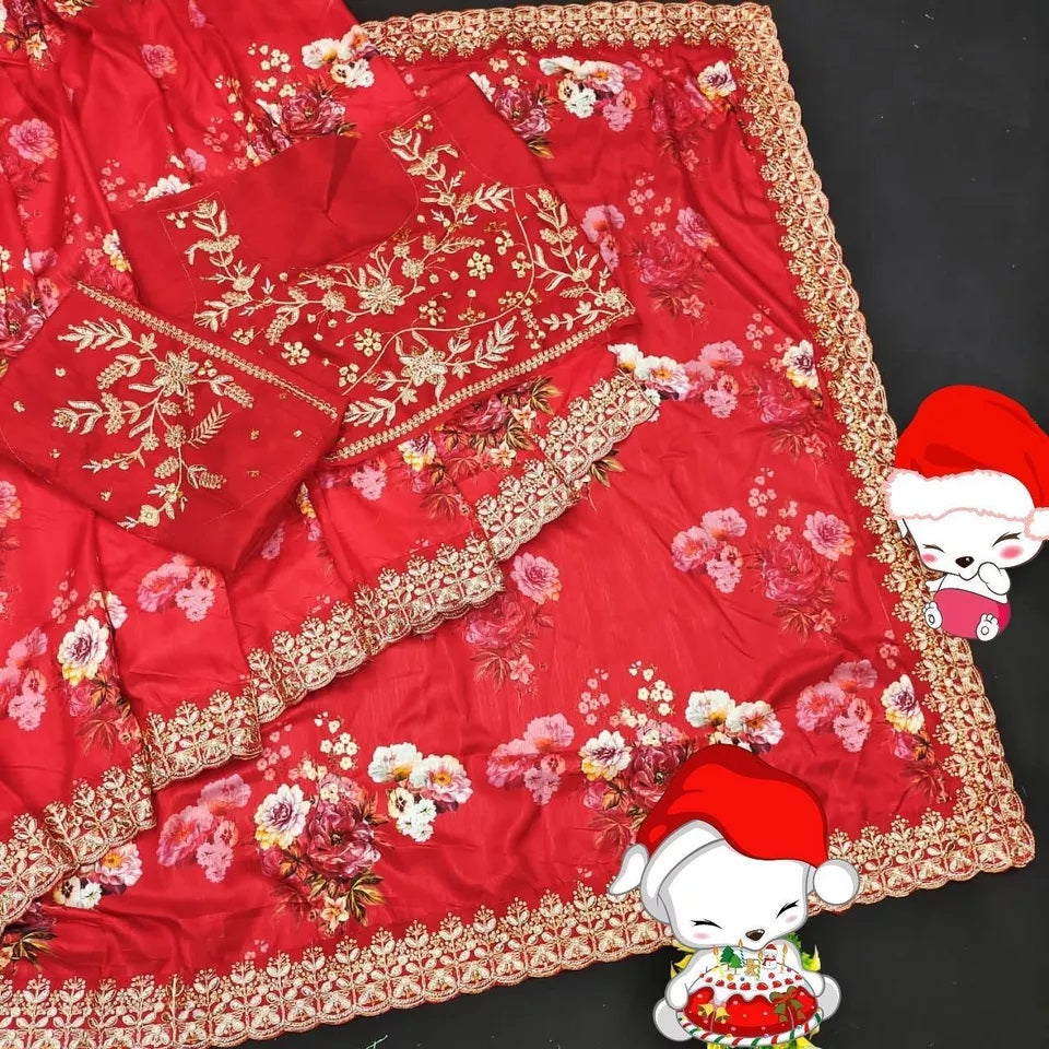 Soft Vichitra Silk Embroidery Sequence Work Saree With Blouse