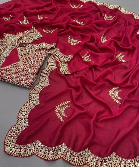 Soft Vichitra Silk With Fancy Thread Work & Sequence Work Saree With Blouse