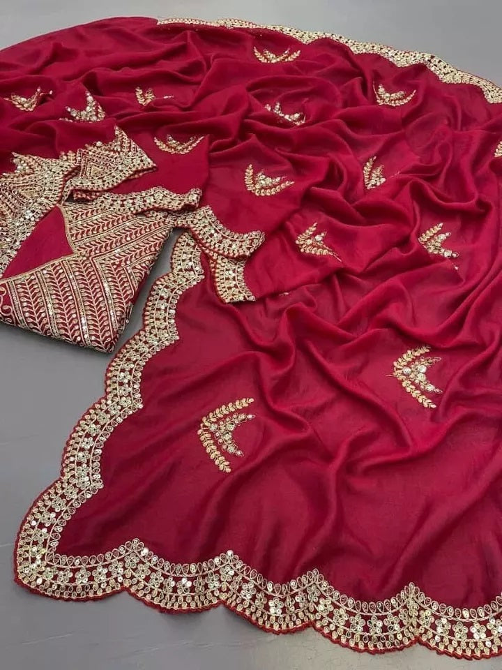 Soft Vichitra Silk With Fancy Thread Work & Sequence Work Saree With Blouse