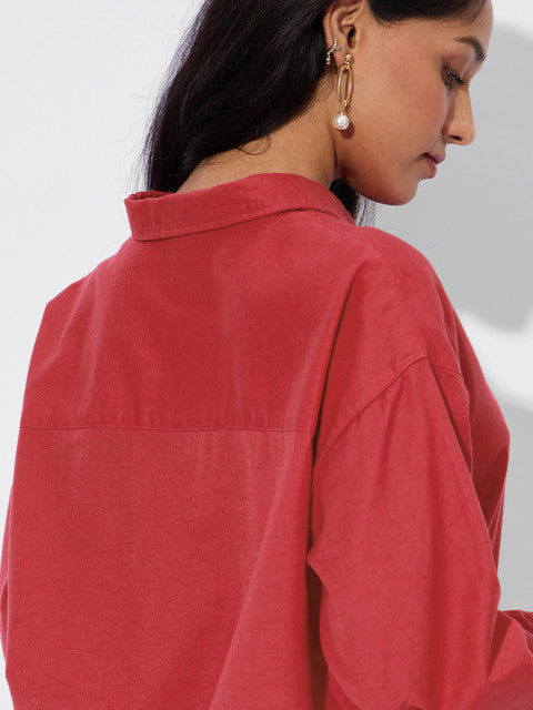 Cotton Linen  Red Women Boyfriend Shirts
