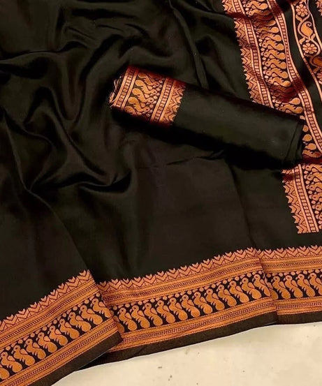 Black Designer Ethnic Wedding Banarasi Soft Silk Saree & Blouse