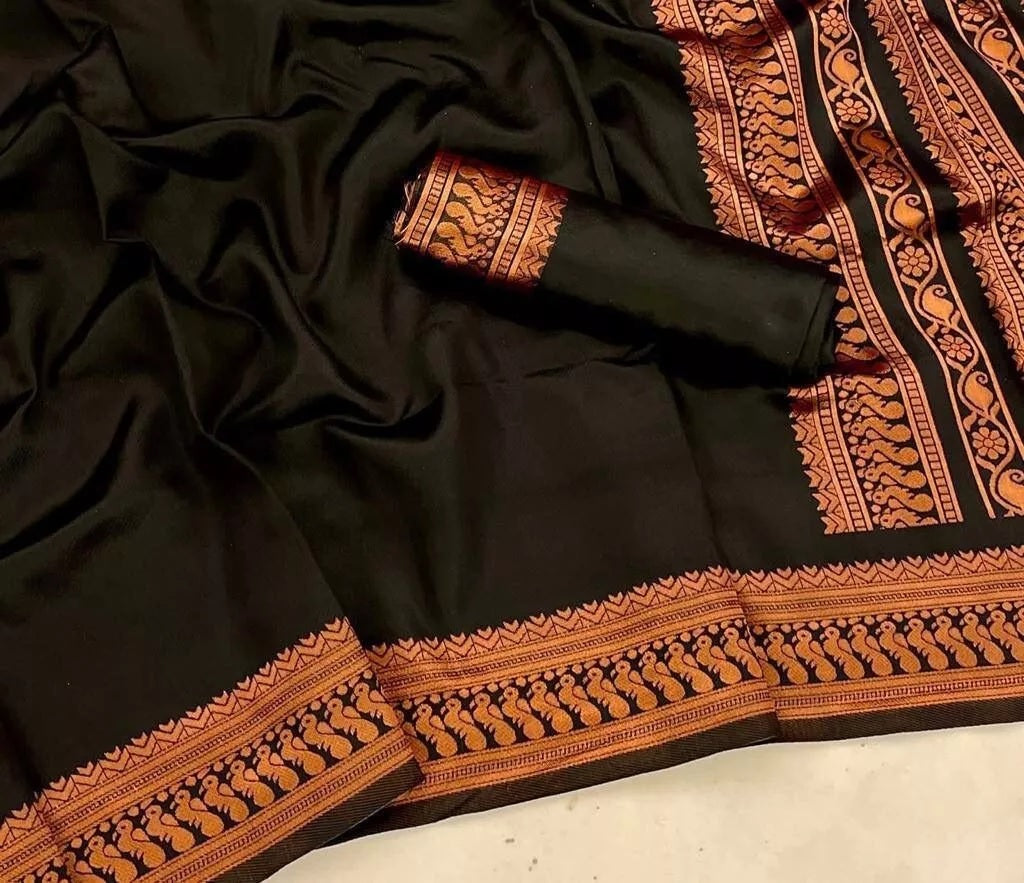 Black Designer Ethnic Wedding Banarasi Soft Silk Saree & Blouse