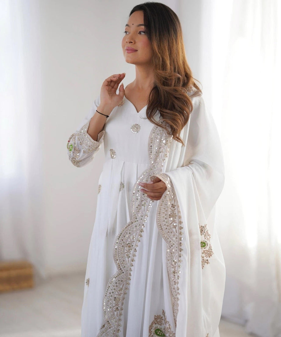 Traditional Designer Chinon Full Stitched Long Anarkali Gown With Dupatta