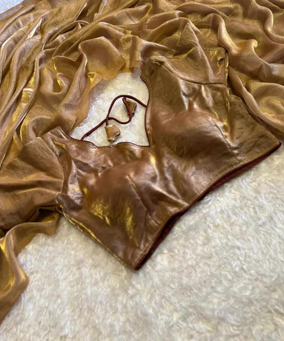Golden Shaded Soft Shining Saree, Classic Sari With Stitched Blouse