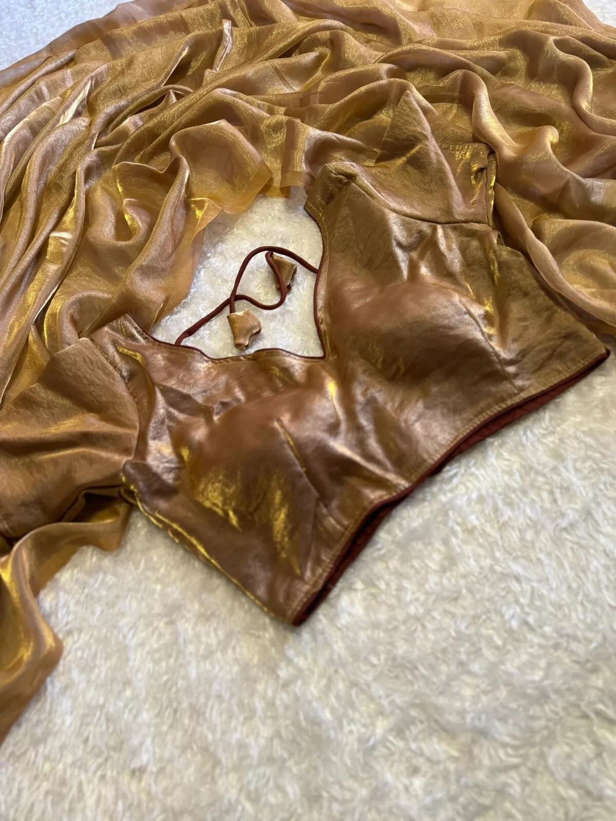 Golden Shaded Soft Shining Saree, Classic Sari With Stitched Blouse